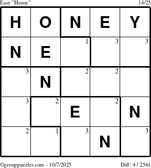 The grouppuzzles.com Easy Honey puzzle for Tuesday October 7, 2025 with the first 3 steps marked