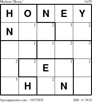 The grouppuzzles.com Medium Honey puzzle for Tuesday October 7, 2025 with the first 3 steps marked