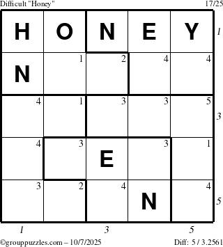 The grouppuzzles.com Difficult Honey puzzle for Tuesday October 7, 2025 with all 5 steps marked