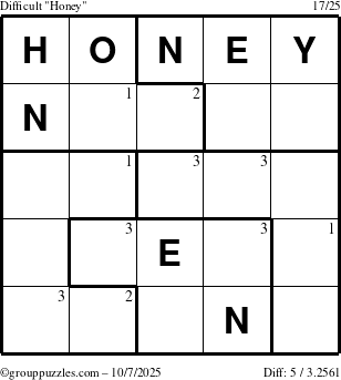 The grouppuzzles.com Difficult Honey puzzle for Tuesday October 7, 2025 with the first 3 steps marked