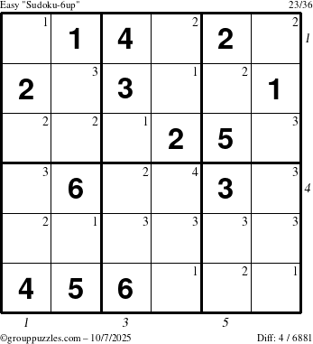 The grouppuzzles.com Easy Sudoku-6up puzzle for Tuesday October 7, 2025 with all 4 steps marked