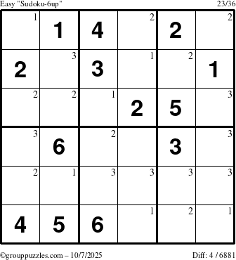 The grouppuzzles.com Easy Sudoku-6up puzzle for Tuesday October 7, 2025 with the first 3 steps marked
