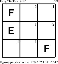 The grouppuzzles.com Easy TicTac-DEF puzzle for Tuesday October 7, 2025 with the first 2 steps marked