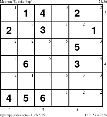 The grouppuzzles.com Medium Sudoku-6up puzzle for Tuesday October 7, 2025, suitable for printing, with all 5 steps marked