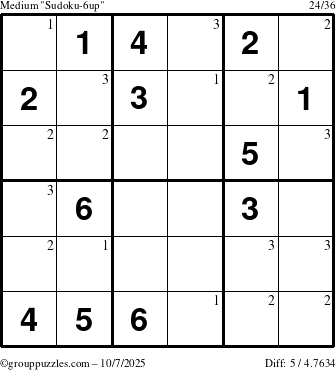 The grouppuzzles.com Medium Sudoku-6up puzzle for Tuesday October 7, 2025 with the first 3 steps marked