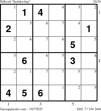 The grouppuzzles.com Difficult Sudoku-6up puzzle for Tuesday October 7, 2025 with all 7 steps marked