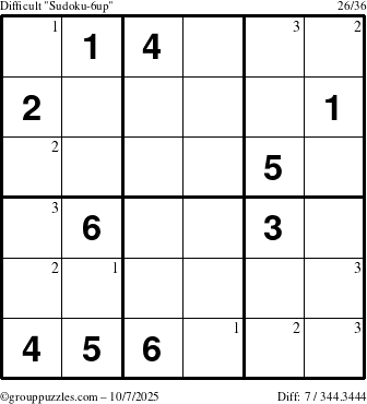 The grouppuzzles.com Difficult Sudoku-6up puzzle for Tuesday October 7, 2025 with the first 3 steps marked