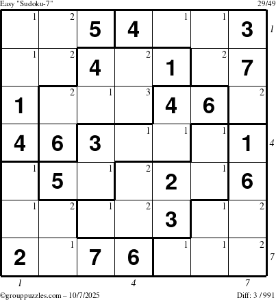 The grouppuzzles.com Easy Sudoku-7 puzzle for Tuesday October 7, 2025, suitable for printing, with all 3 steps marked