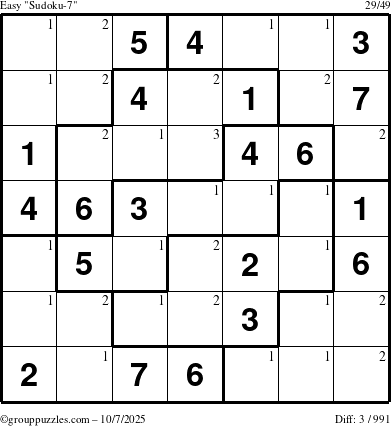 The grouppuzzles.com Easy Sudoku-7 puzzle for Tuesday October 7, 2025 with the first 3 steps marked