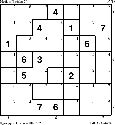 The grouppuzzles.com Medium Sudoku-7 puzzle for Tuesday October 7, 2025, suitable for printing, with all 8 steps marked
