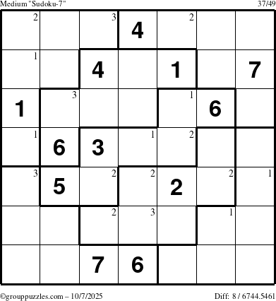 The grouppuzzles.com Medium Sudoku-7 puzzle for Tuesday October 7, 2025 with the first 3 steps marked