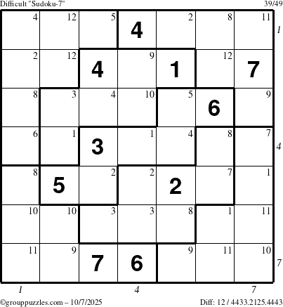 The grouppuzzles.com Difficult Sudoku-7 puzzle for Tuesday October 7, 2025, suitable for printing, with all 12 steps marked