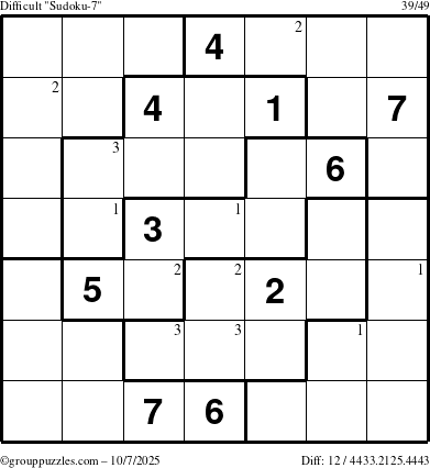 The grouppuzzles.com Difficult Sudoku-7 puzzle for Tuesday October 7, 2025 with the first 3 steps marked