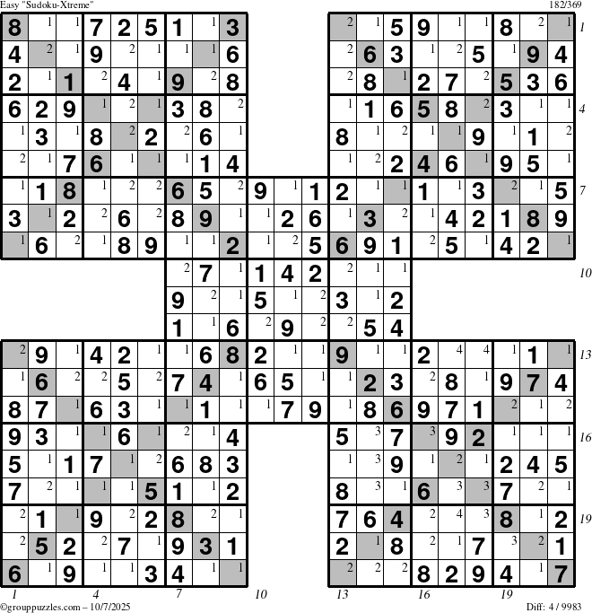 The grouppuzzles.com Easy Sudoku-Xtreme puzzle for Tuesday October 7, 2025 with all 4 steps marked