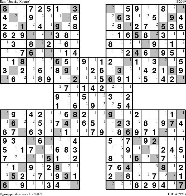 The grouppuzzles.com Easy Sudoku-Xtreme puzzle for Tuesday October 7, 2025 with the first 3 steps marked