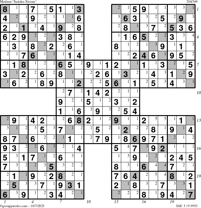 The grouppuzzles.com Medium Sudoku-Xtreme puzzle for Tuesday October 7, 2025, suitable for printing, with all 5 steps marked