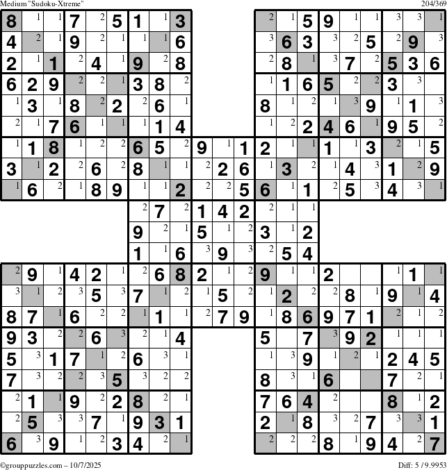 The grouppuzzles.com Medium Sudoku-Xtreme puzzle for Tuesday October 7, 2025 with the first 3 steps marked