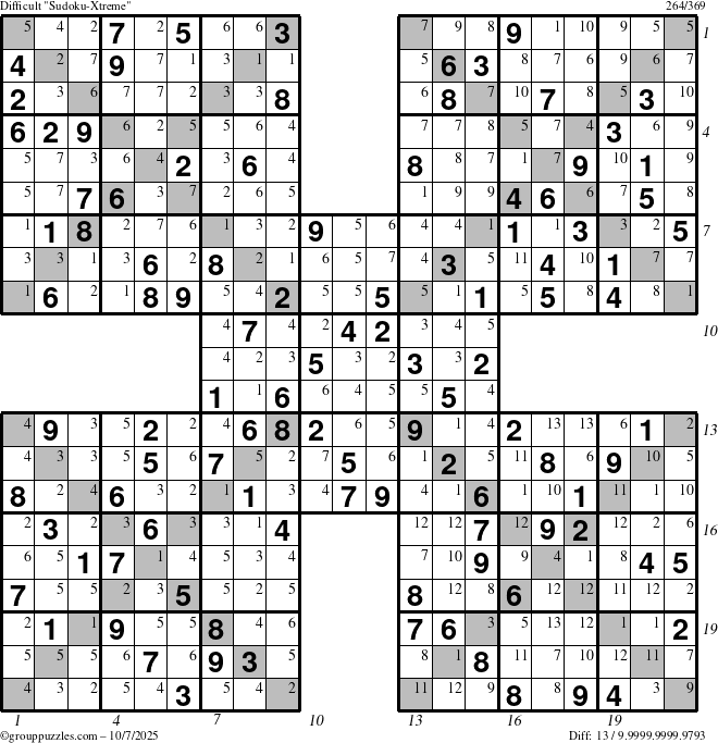 The grouppuzzles.com Difficult Sudoku-Xtreme puzzle for Tuesday October 7, 2025 with all 13 steps marked
