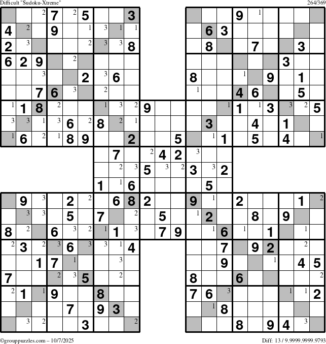 The grouppuzzles.com Difficult Sudoku-Xtreme puzzle for Tuesday October 7, 2025 with the first 3 steps marked
