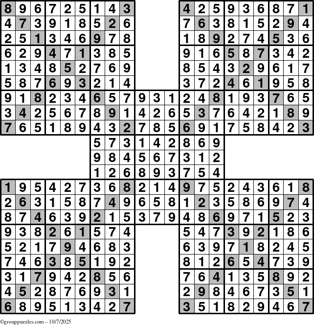 The grouppuzzles.com Answer grid for the Sudoku-Xtreme puzzle for Tuesday October 7, 2025