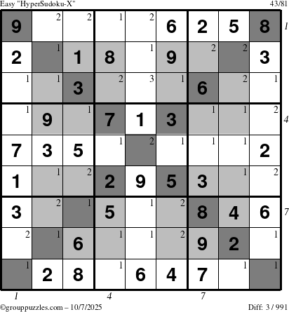 The grouppuzzles.com Easy HyperSudoku-X puzzle for Tuesday October 7, 2025 with all 3 steps marked