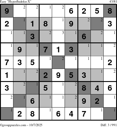 The grouppuzzles.com Easy HyperSudoku-X puzzle for Tuesday October 7, 2025 with the first 3 steps marked
