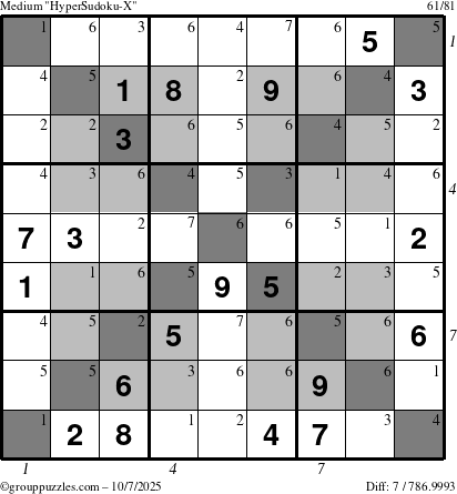 The grouppuzzles.com Medium HyperSudoku-X puzzle for Tuesday October 7, 2025, suitable for printing, with all 7 steps marked