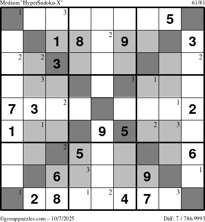 The grouppuzzles.com Medium HyperSudoku-X puzzle for Tuesday October 7, 2025 with the first 3 steps marked