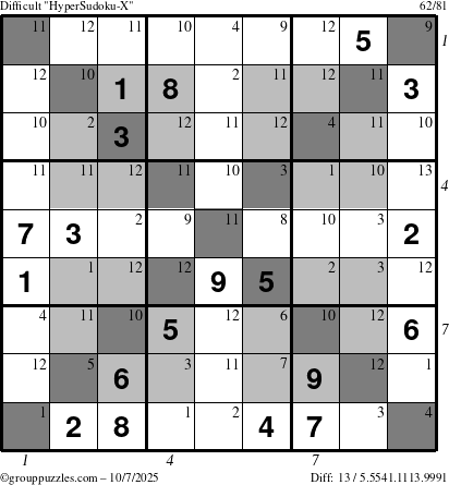 The grouppuzzles.com Difficult HyperSudoku-X puzzle for Tuesday October 7, 2025 with all 13 steps marked