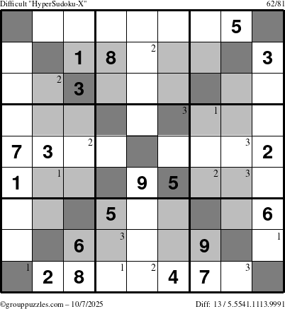 The grouppuzzles.com Difficult HyperSudoku-X puzzle for Tuesday October 7, 2025 with the first 3 steps marked