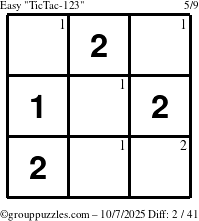 The grouppuzzles.com Easy TicTac-123 puzzle for Tuesday October 7, 2025 with the first 2 steps marked