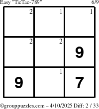 The grouppuzzles.com Easy TicTac-789 puzzle for Thursday April 10, 2025 with the first 2 steps marked