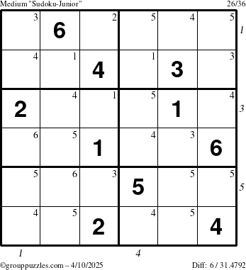 The grouppuzzles.com Medium Sudoku-Junior puzzle for Thursday April 10, 2025, suitable for printing, with all 6 steps marked