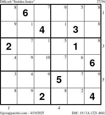 The grouppuzzles.com Difficult Sudoku-Junior puzzle for Thursday April 10, 2025, suitable for printing, with all 10 steps marked