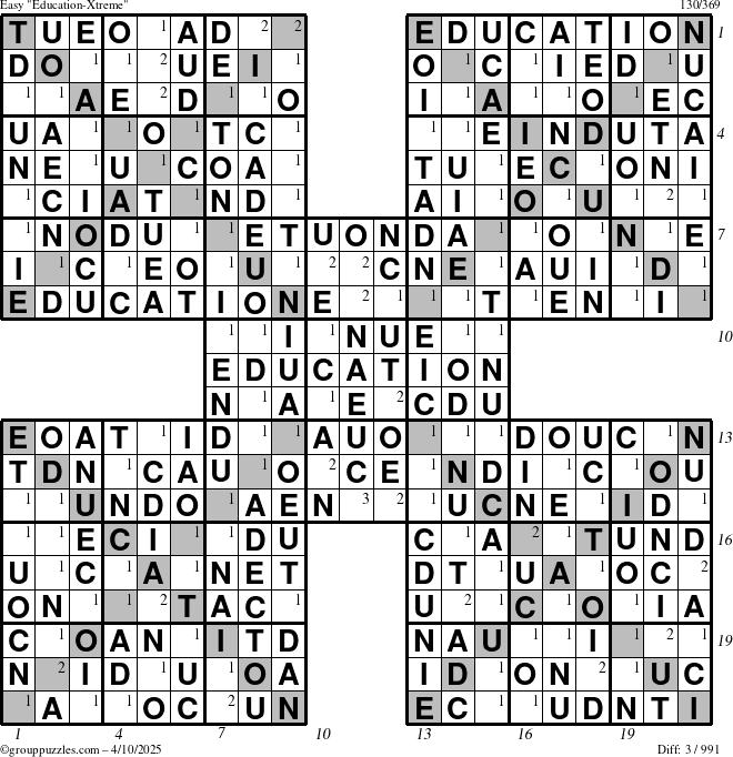 The grouppuzzles.com Easy Education-Xtreme puzzle for Thursday April 10, 2025, suitable for printing, with all 3 steps marked