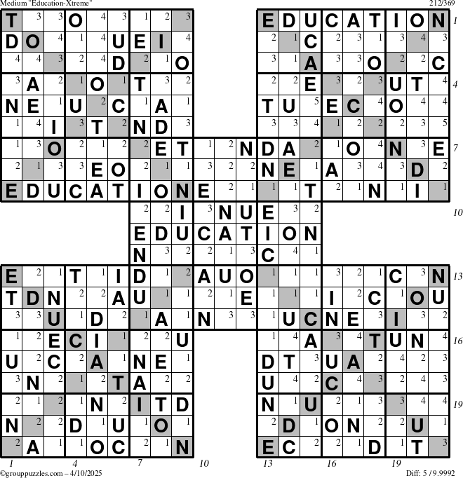 The grouppuzzles.com Medium Education-Xtreme puzzle for Thursday April 10, 2025 with all 5 steps marked