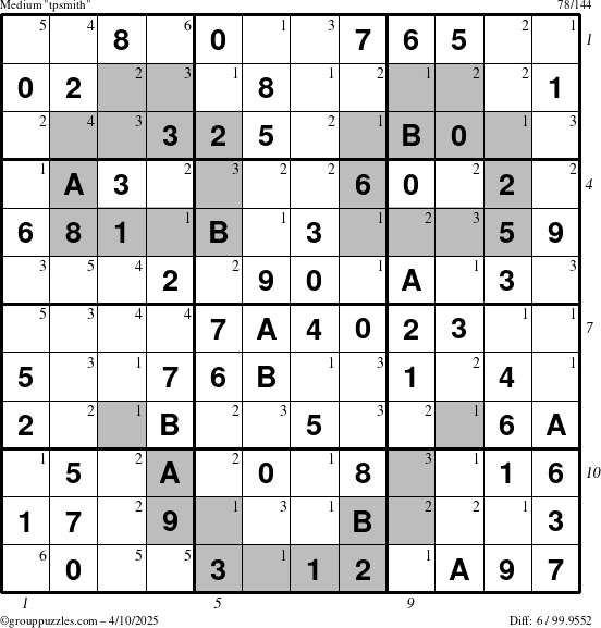 The grouppuzzles.com Medium tpsmith puzzle for Thursday April 10, 2025 with all 6 steps marked