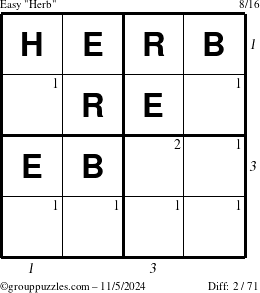 The grouppuzzles.com Easy Herb puzzle for Tuesday November 5, 2024 with all 2 steps marked