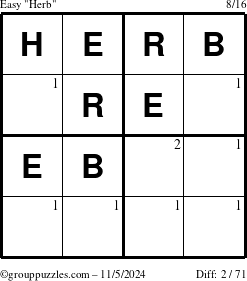 The grouppuzzles.com Easy Herb puzzle for Tuesday November 5, 2024 with the first 2 steps marked