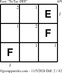 The grouppuzzles.com Easy TicTac-DEF puzzle for Tuesday November 5, 2024 with all 2 steps marked