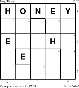 The grouppuzzles.com Easy Honey puzzle for Tuesday November 5, 2024 with all 4 steps marked