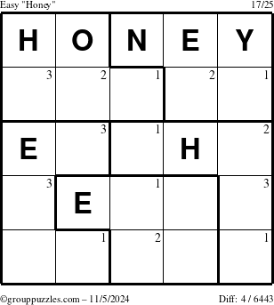 The grouppuzzles.com Easy Honey puzzle for Tuesday November 5, 2024 with the first 3 steps marked