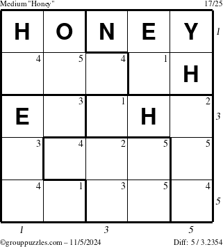 The grouppuzzles.com Medium Honey puzzle for Tuesday November 5, 2024 with all 5 steps marked