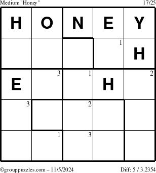 The grouppuzzles.com Medium Honey puzzle for Tuesday November 5, 2024 with the first 3 steps marked