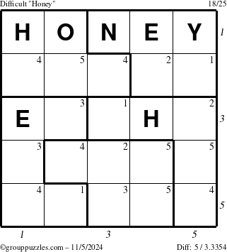 The grouppuzzles.com Difficult Honey puzzle for Tuesday November 5, 2024 with all 5 steps marked