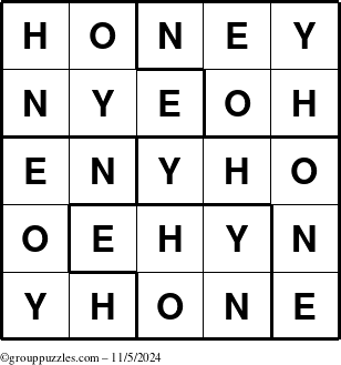 The grouppuzzles.com Answer grid for the Honey puzzle for Tuesday November 5, 2024