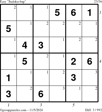 The grouppuzzles.com Easy Sudoku-6up puzzle for Tuesday November 5, 2024 with all 3 steps marked