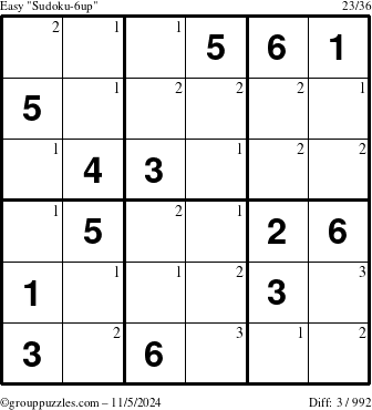 The grouppuzzles.com Easy Sudoku-6up puzzle for Tuesday November 5, 2024 with the first 3 steps marked