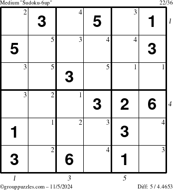 The grouppuzzles.com Medium Sudoku-6up puzzle for Tuesday November 5, 2024 with all 5 steps marked