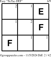 The grouppuzzles.com Easy TicTac-DEF puzzle for Tuesday November 5, 2024 with the first 2 steps marked